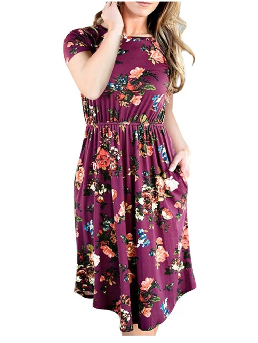 Women's Burgundy Floral Short Sleeve Elastic Waist Dress With Pockets || Small